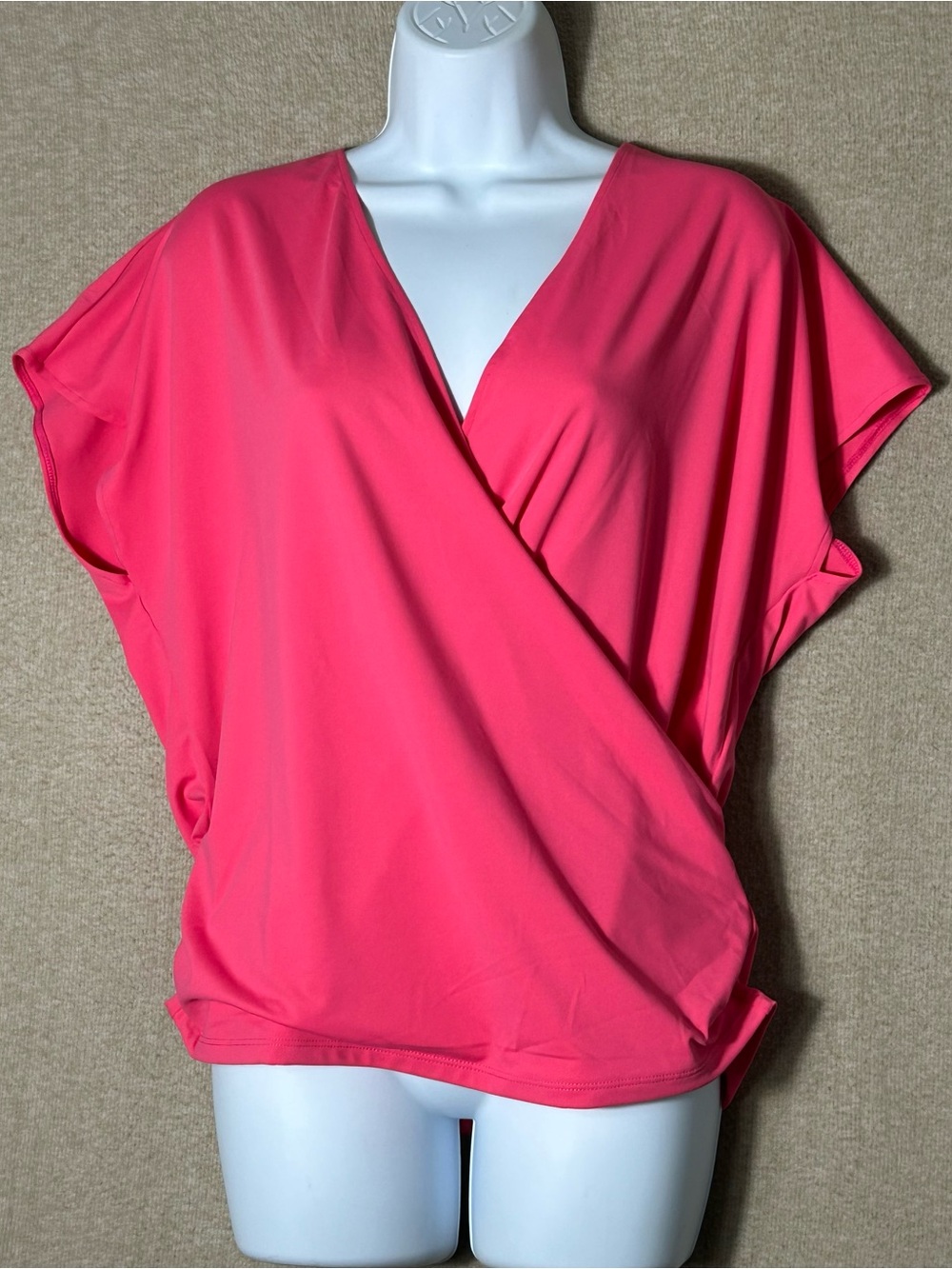 Halara Crossover Ruched Top Womens L Bubble Gum Pink Short Cap Sleeves Stretch